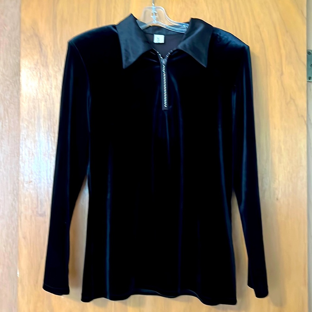 Black velvet top with satin collar and bejeweled zipper